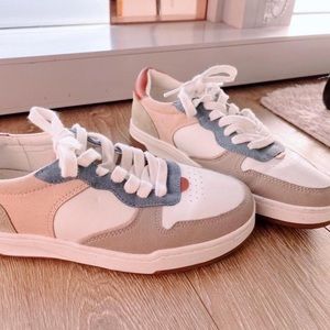 Madewell suede colorblock pink, grey, blue and green tennis shoes in size 7